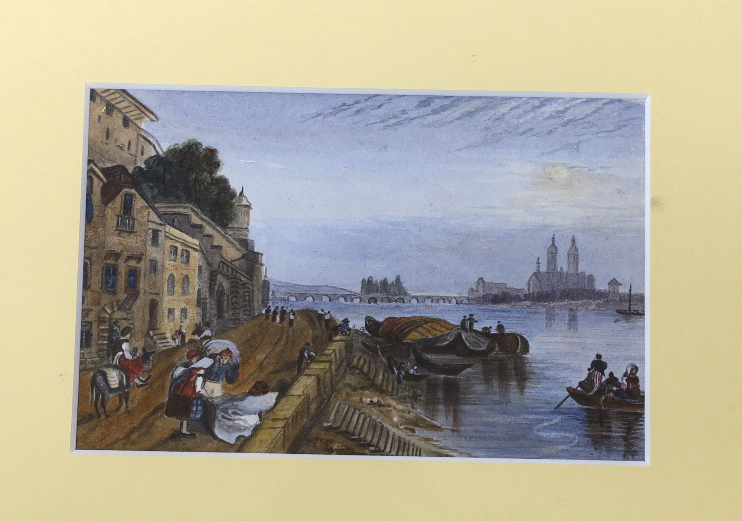 Lawrence Van Ackerman, pair of oils, Moonlit river landscapes, together with a pair of Grand Tour watercolours, a small oil on board, Coastal view and a print of a lady, largest 10 x 15cm (6)